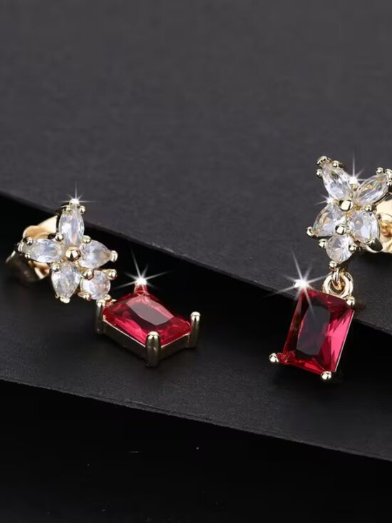 14K Gold Hanging Drop 2ct Red Ruby Gemstone 1ct Diamond Earrings Ladies Jewelry main image 4